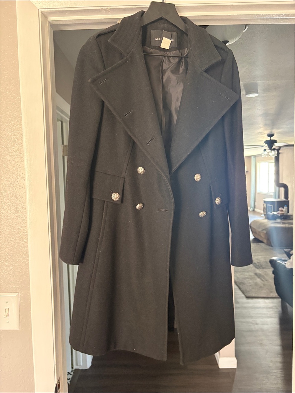 Vintage Moda International Black Double-Breasted Pea Coat with Silver Buttons